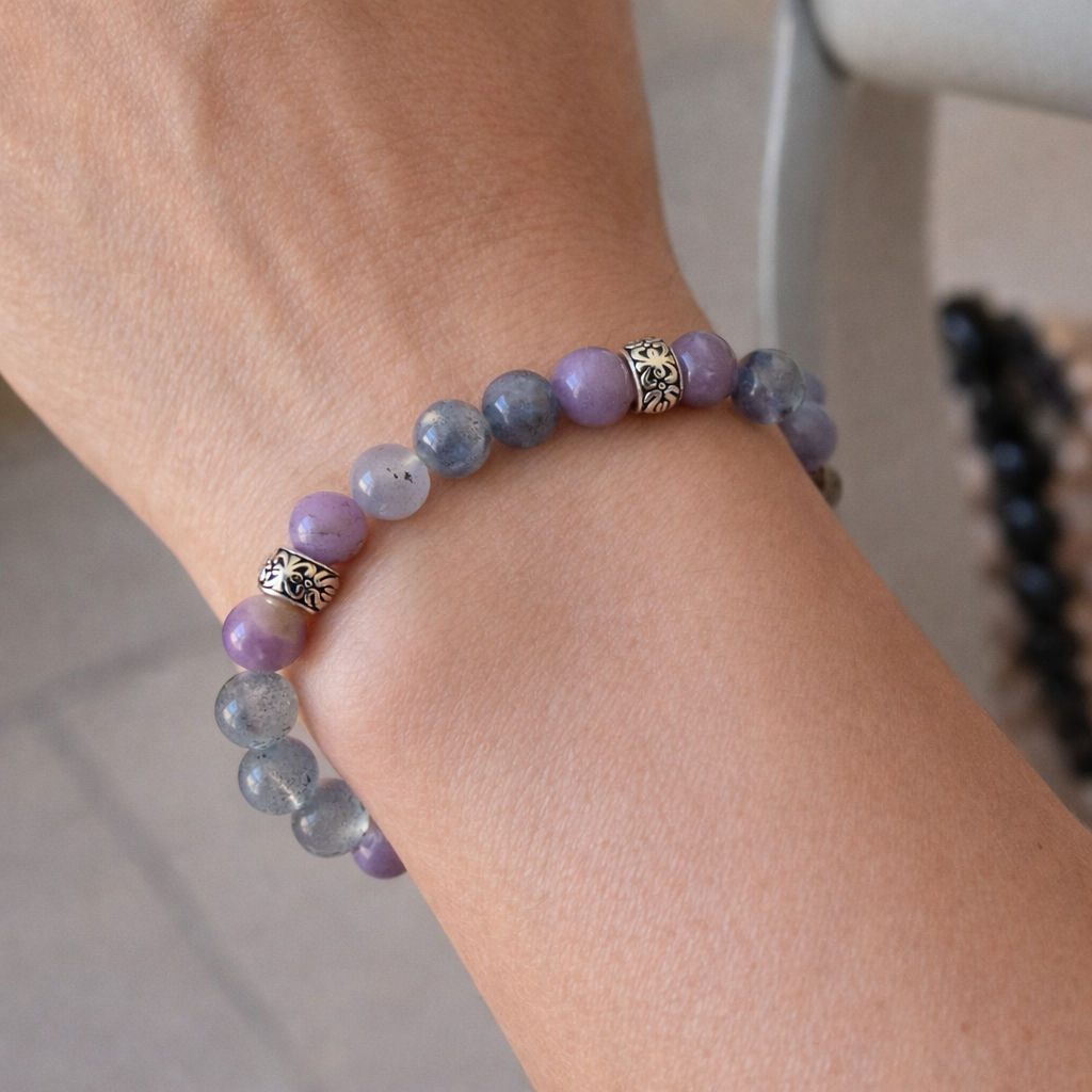 Bracelet Labradorite & Lépidolite – Pierres naturelles – Perles 8 mm