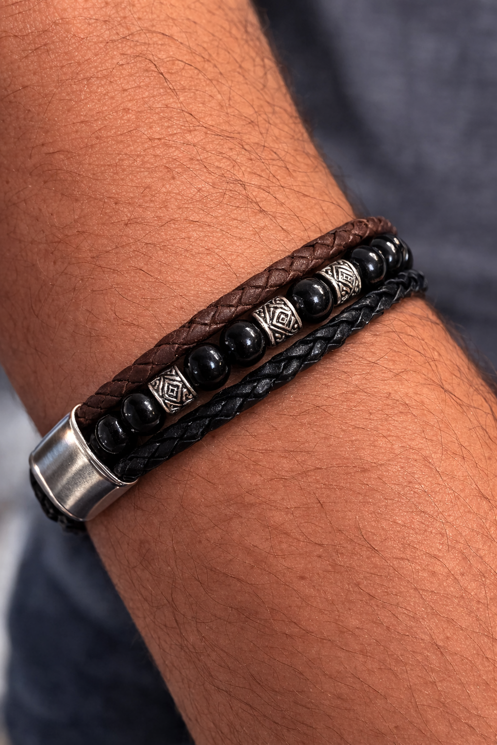 Bracelet homme en pierres naturelles – Œil de tigre et obsidienne noire – perles 6 mm et 8 mm – protection et confiance